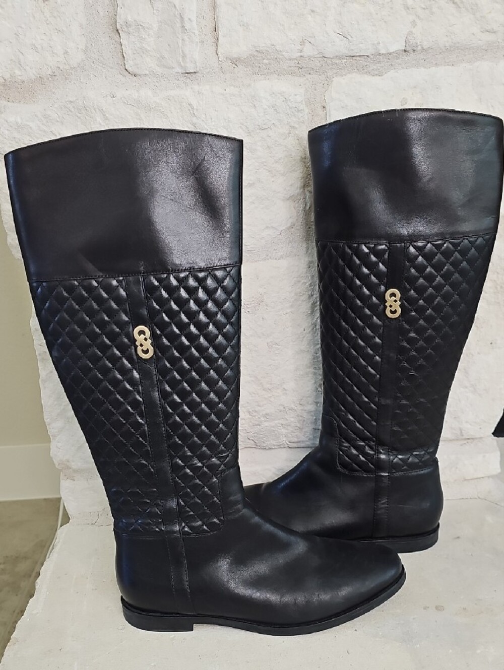 Cole Haan Solid Black Quilted Leather Rigby Riding Boots Size 7.5B - Picture 3 of 9